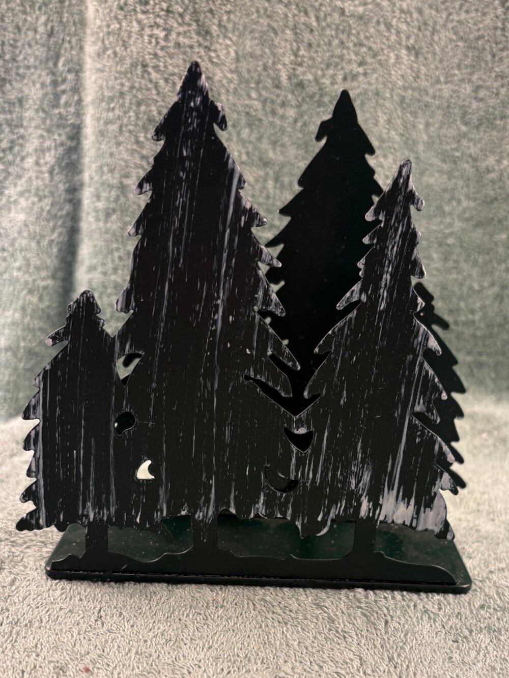 TITLE Rustic Black Metal Forest Pine Trees Tea Light Candle Holder Distressed Sn